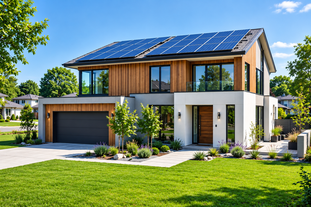 Modern home with solar panels for utility costs and energy efficiency guide