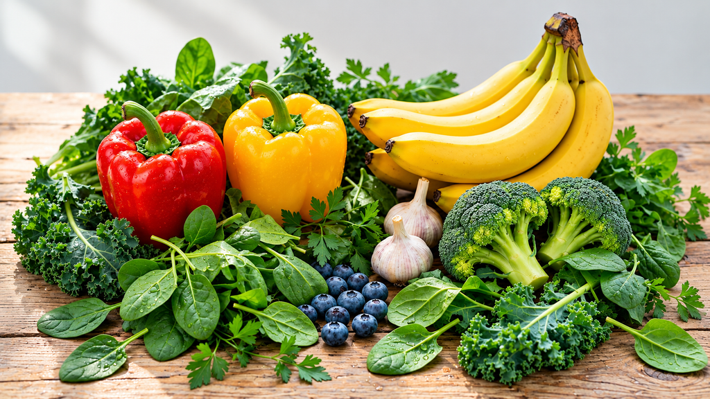 Colorful fresh vegetables and fruits including red and yellow bell peppers, bananas, broccoli, kale and blueberries for grocery budget planning