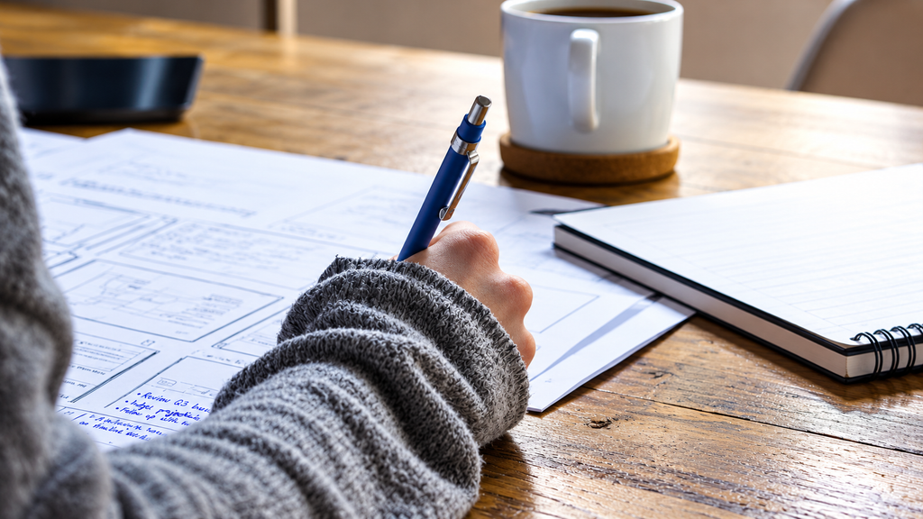 Person's hand writing budget notes with blue pen on paper at wooden desk with coffee mug and notebook
