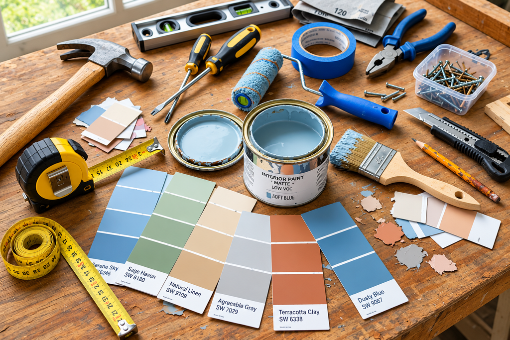 Home improvement project tools and paint colors for materials and cost estimation