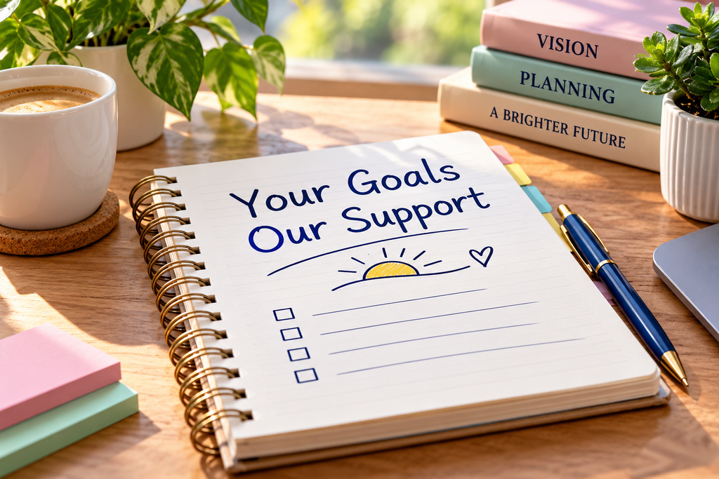 Open notebook on wooden desk with handwritten text Your Goals Our Support and blue pen - AffordablyUSA contact support