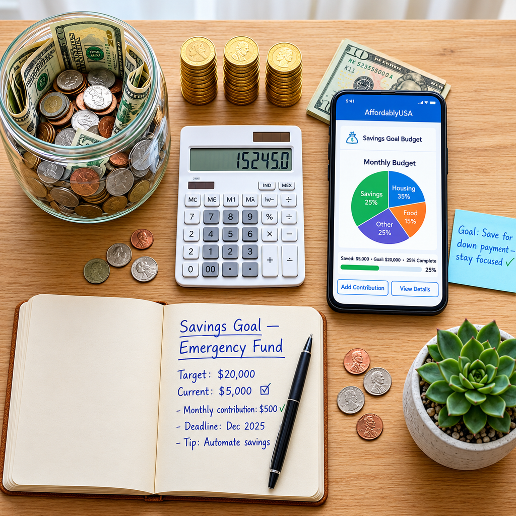 Savings goal budget setup with glass jar of cash, calculator, and emergency fund planner on wooden desk - AffordablyUSA