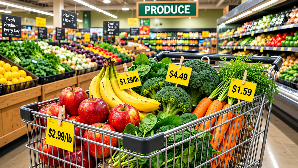 Shopping cart full of fresh groceries apples bananas broccoli carrots spinach with price tags $2.99 $1.29 $4.49 $1.59 in produce aisle no people