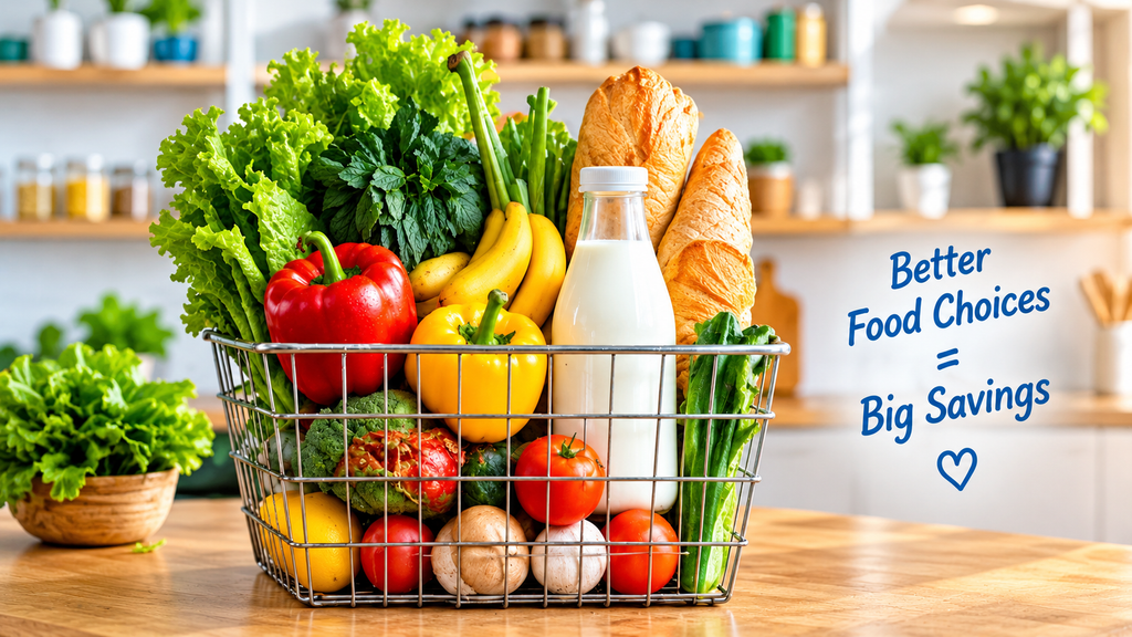Grocery shopping basket with fresh vegetables, fruits, milk and bread for budget calculator