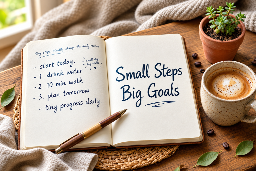 Everyday planning notebook with small steps big goals handwritten and coffee cup on desk