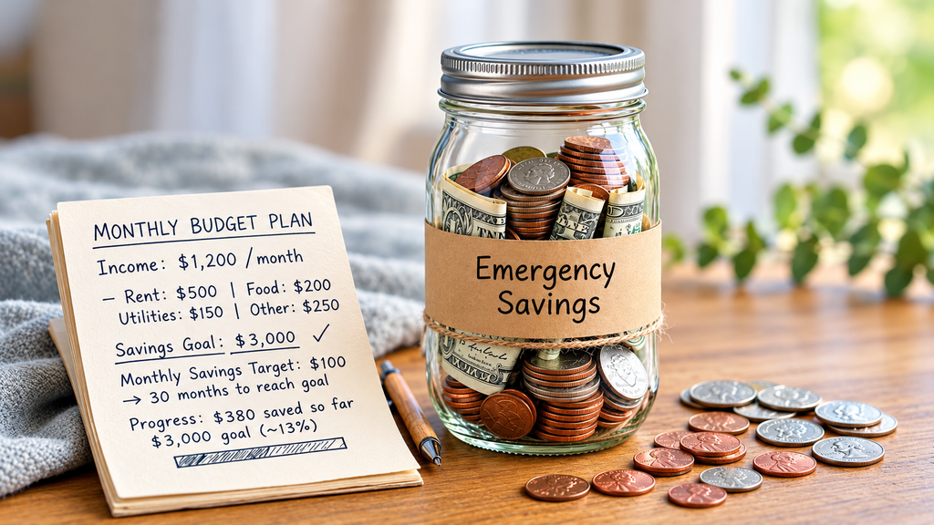Glass jar labeled Emergency Savings filled with dollars and coins, monthly budget plan income $1200 savings goal $3000, low income emergency fund, no piggy bank halal