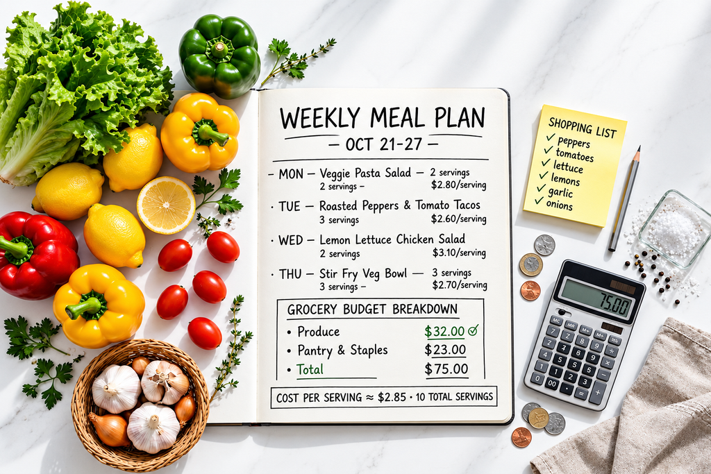 Food and grocery planning with weekly meal plan and cost per serving calculator