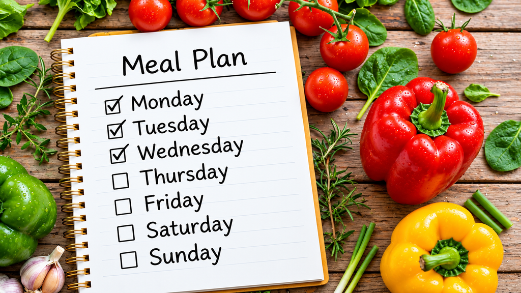 Meal plan notebook with Monday to Sunday checklist and fresh vegetables tomatoes bell peppers on wooden table for grocery budget planning