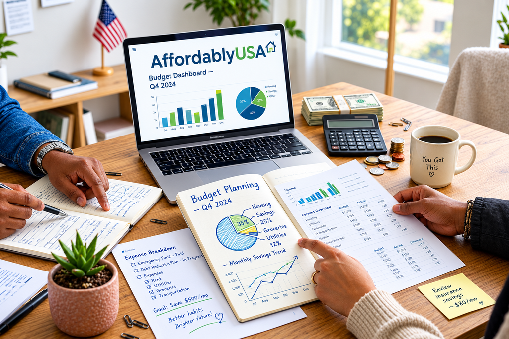 About us at AffordablyUSA - team budget planning with laptop budget dashboard, calculator and financial charts
