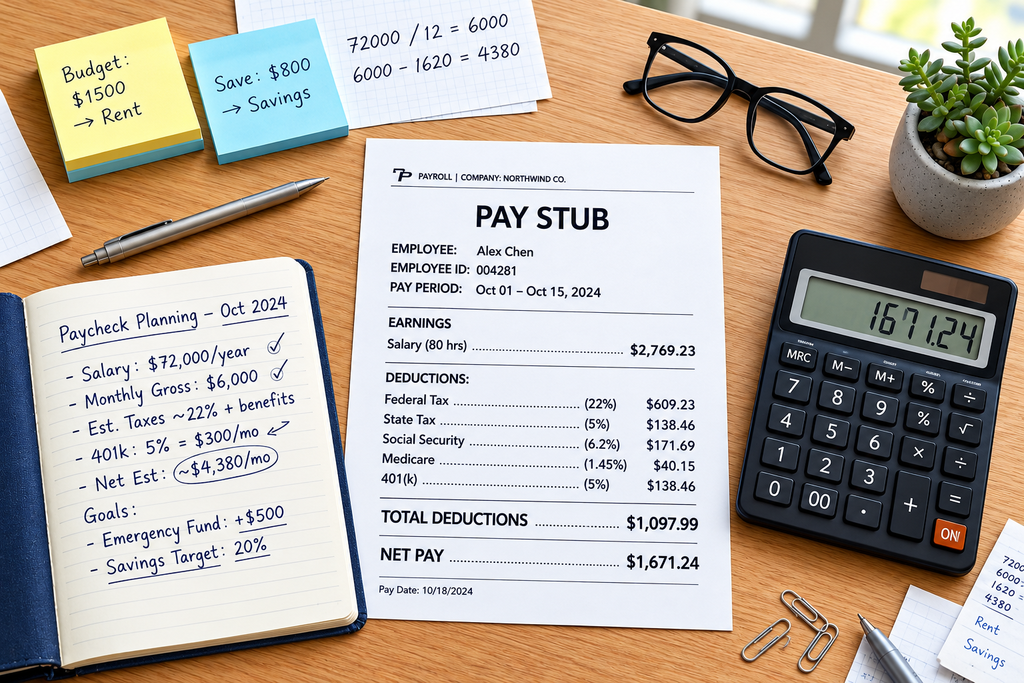 Salary and paycheck calculation with pay stub and calculator for take-home pay