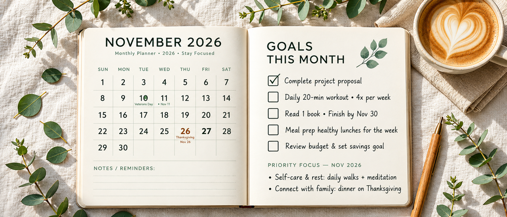 Open monthly planner November 2026 calendar with Veterans Day and Thanksgiving dates and goals this month checklist including budget review and savings goal on white linen with coffee latte heart art