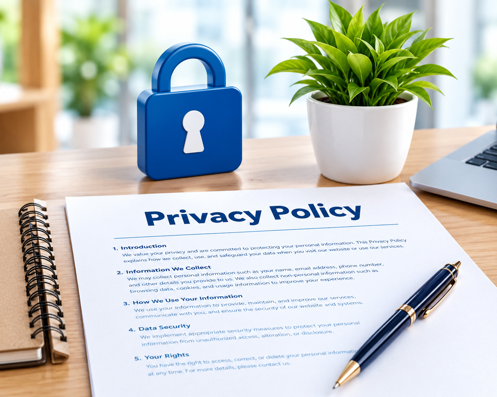 Privacy Policy document on desk with blue padlock plant and pen