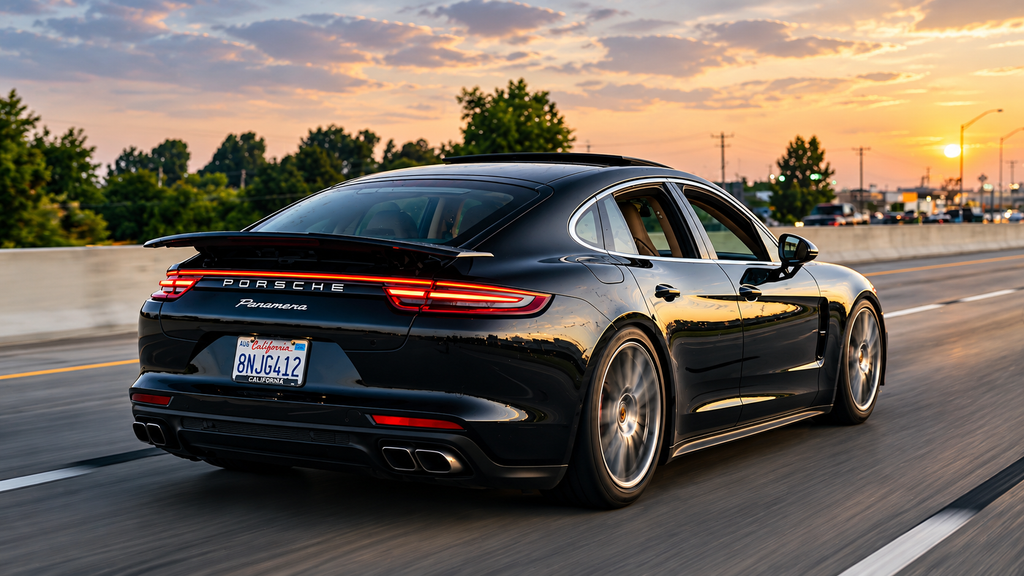 Black Porsche Panamera driving on highway at sunset with rear spoiler deployed and California license plate