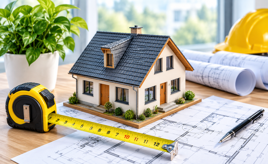 Home utility and transportation cost estimates - miniature house model with measuring tape on construction blueprints