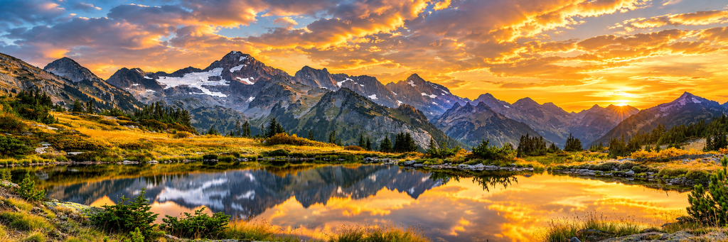 Alternative Text: Scenic mountain sunset landscape with lake reflection for making everyday decisions with more confidence