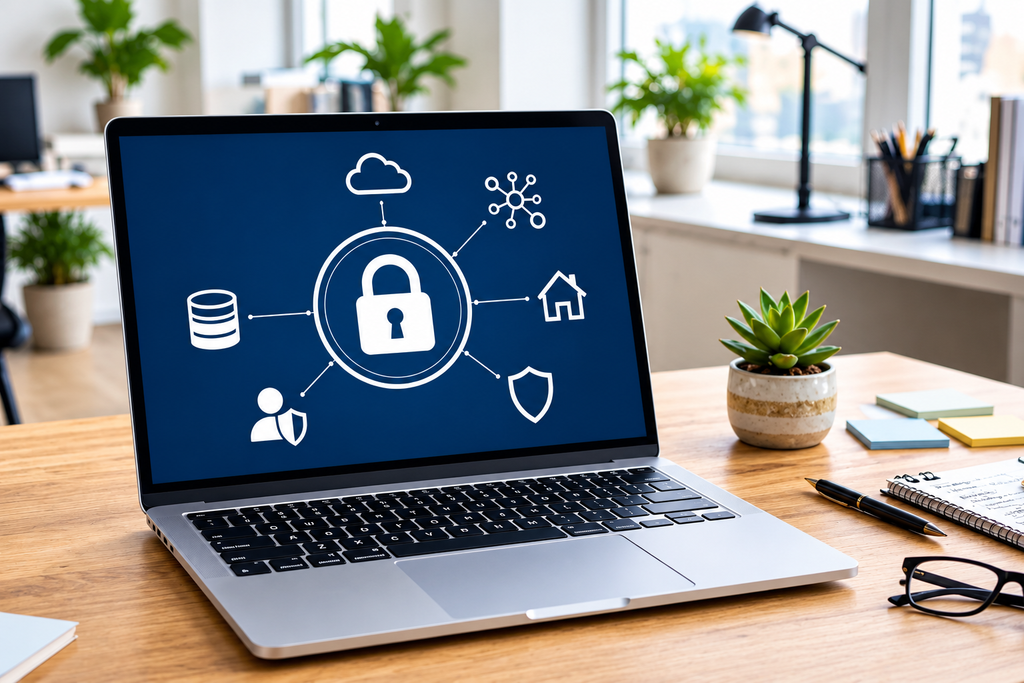 Laptop displaying data security and privacy protection concept with central padlock connected to cloud, database, and user icons