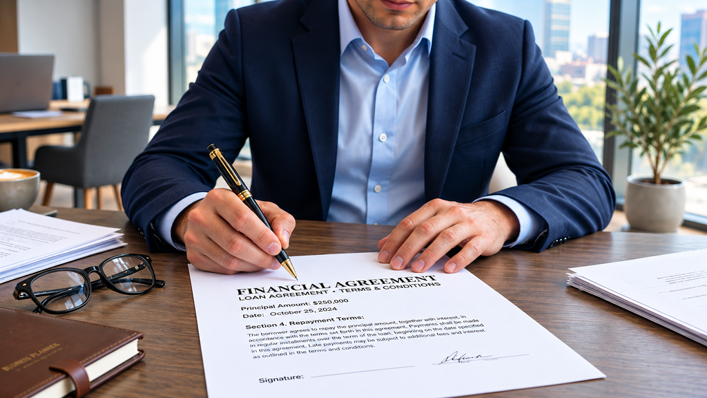 Businessman in suit signing financial agreement loan document with principal amount $250,000 dated October 25, 2024 showing repayment terms section