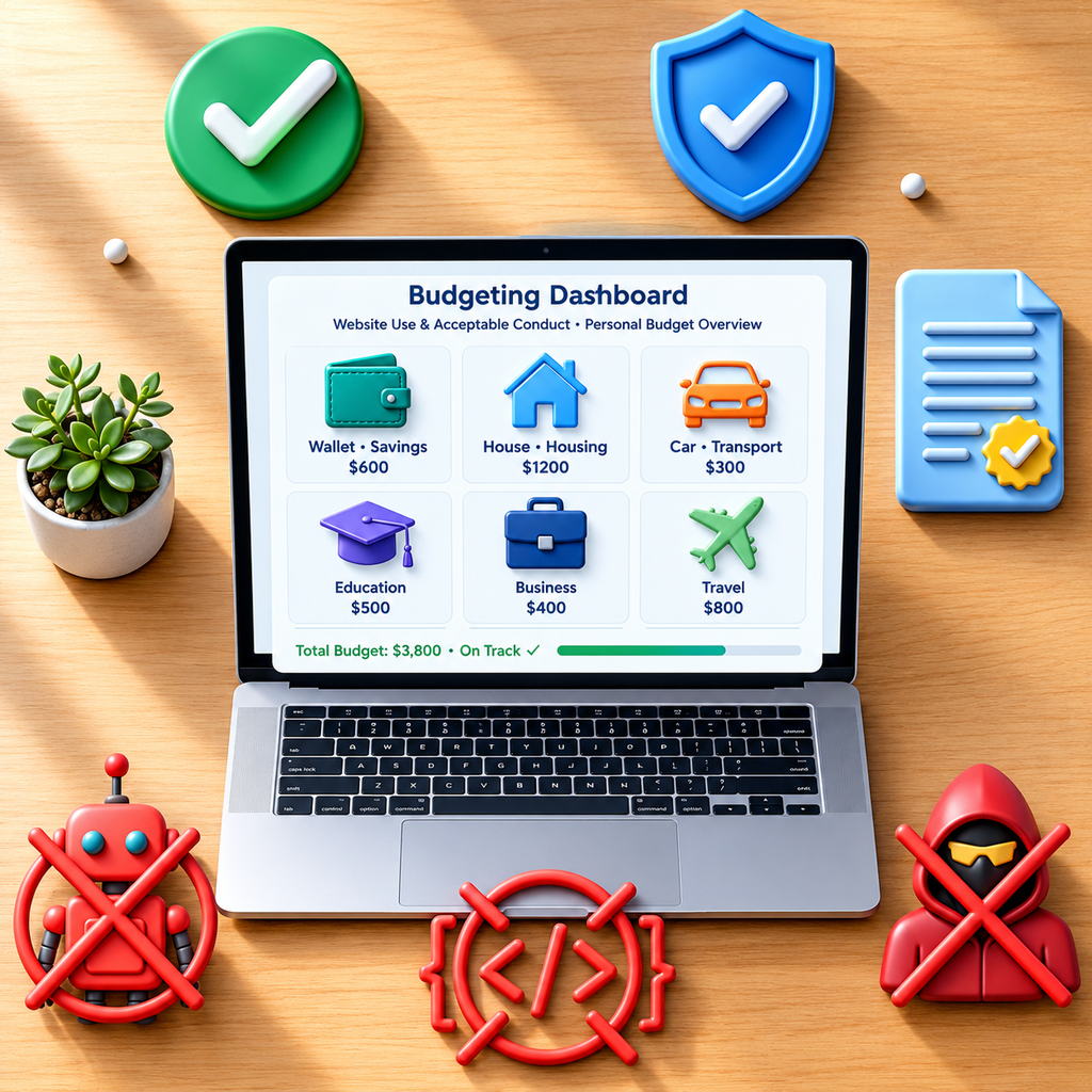 Laptop displaying AffordablyUSA Budgeting Dashboard with acceptable use icons, surrounded by green checkmark, blue security shield, and red prohibited icons for bots, scraping, and hacking on wooden desk