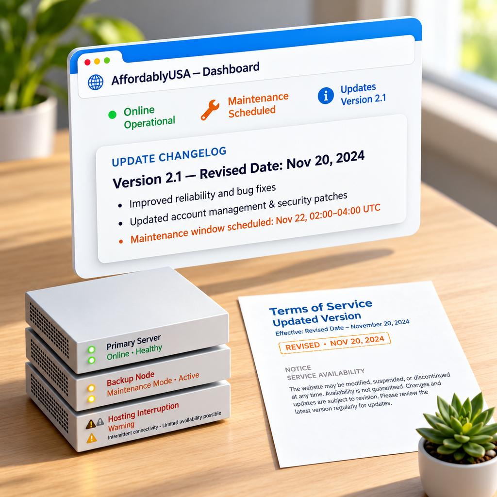 Computer browser window showing AffordablyUSA Dashboard with Online Operational and Maintenance Scheduled status, Update Changelog Version 2.1 Revised Date Nov 20 2024, stacked server boxes and Terms of Service updated version document on wooden desk with succulent plant