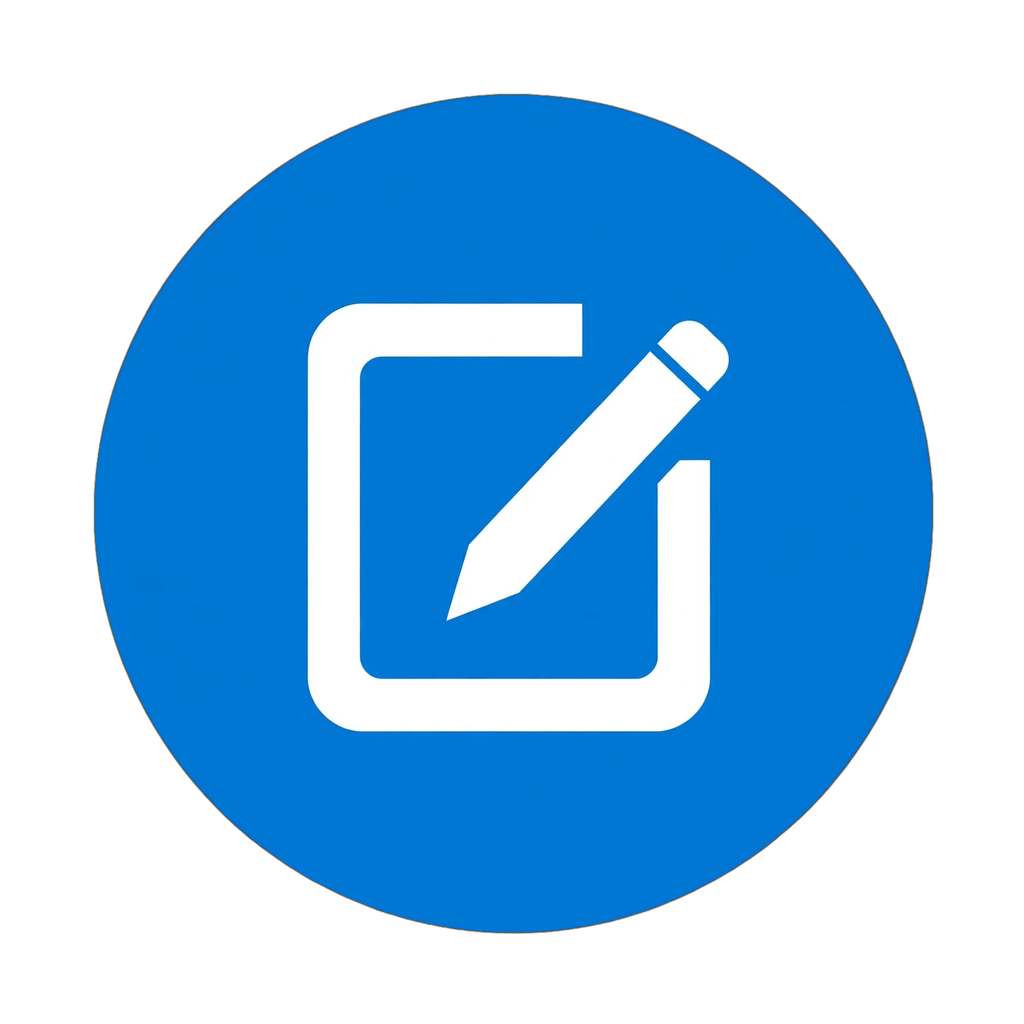 Blue circle icon with a white edit symbol - a square outline with a diagonal pencil inside