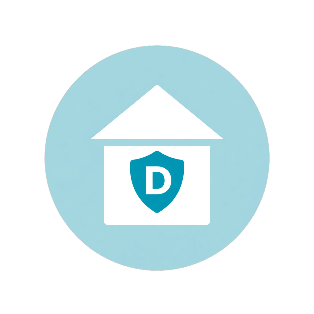 Light cyan circular icon with white house outline containing teal shield badge with letter D inside