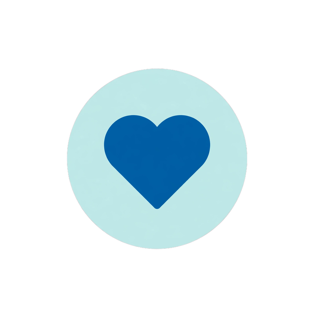 Light blue circular icon with dark blue solid heart shape in center