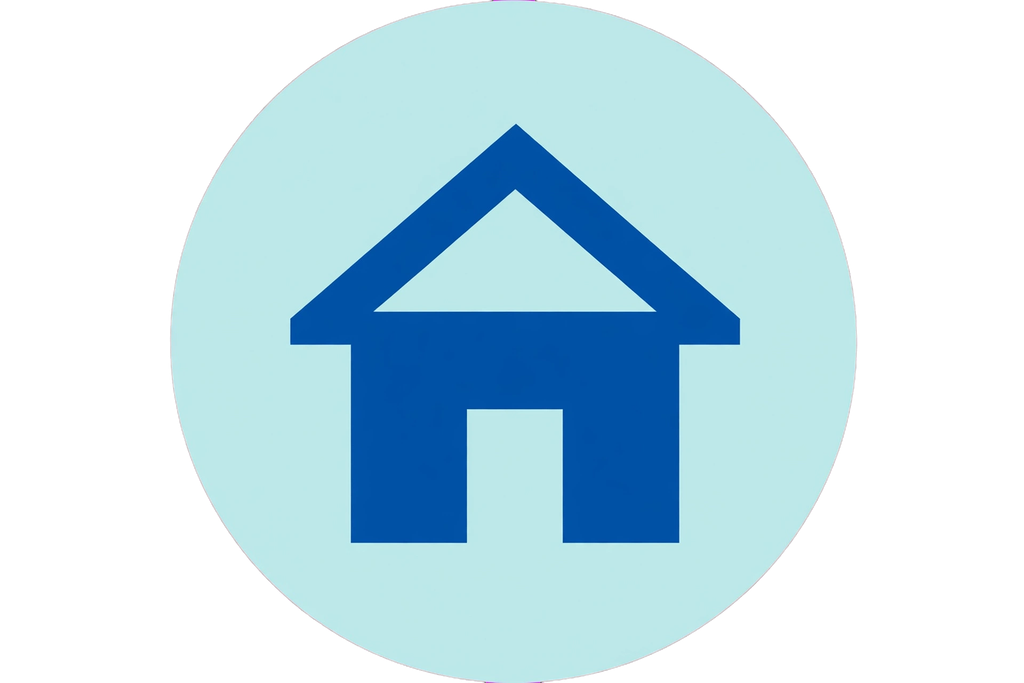Light blue circular icon with dark blue house symbol with triangular roof and door cutout in center