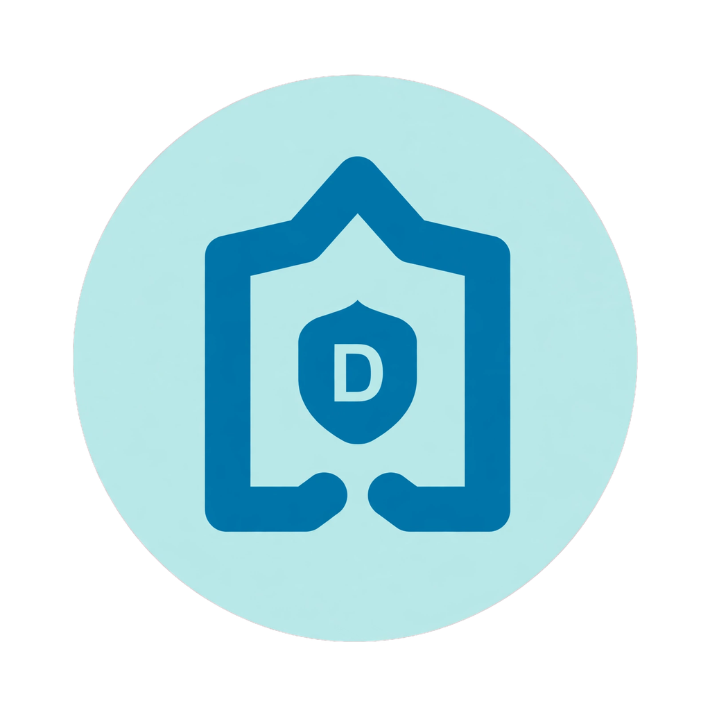 Light blue circular icon with dark blue house outline containing shield badge with letter D inside