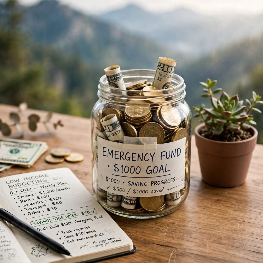 Emergency fund $1000 goal $500 saved low income budgeting October 2024 weekly plan income $1200 rent $600 groceries $120 transport $40 other $90 savings this week $50 goal build $1000 emergency fund track expenses save $50 per week cut non-essentials glass jar gold coins dollars halal no piggy bank mountain background