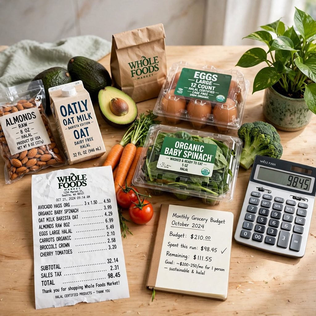 Monthly grocery budget October 2024 budget $210 spent $98.45 remaining $111.55 Whole Foods Market receipt avocado hass organic baby spinach oat milk almonds raw halal eggs large halal carrots broccoli cherry tomatoes calculator $98.45 halal certified