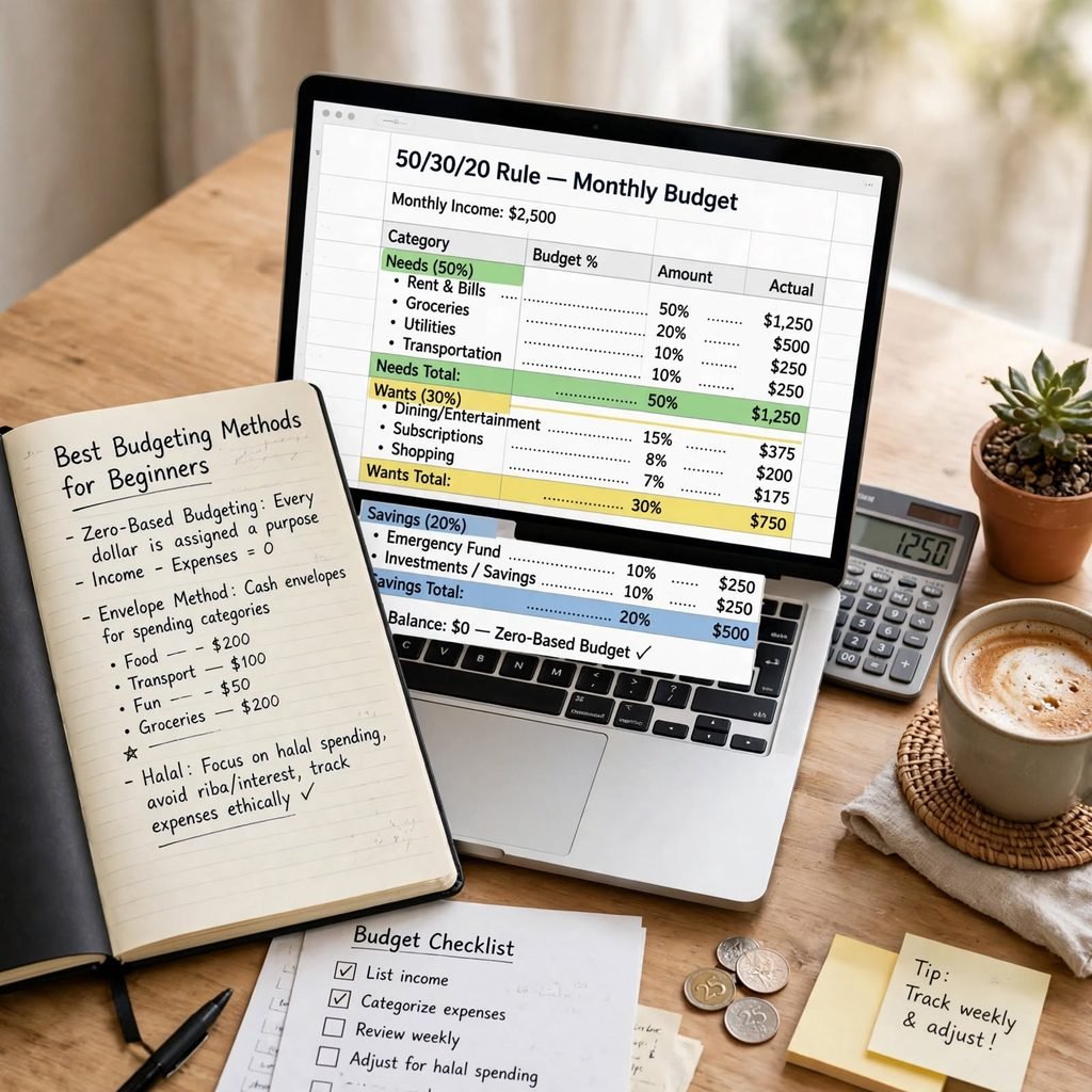 Best budgeting methods for beginners 50/30/20 rule monthly budget income $2500 needs 50% $1250 rent bills groceries utilities transportation wants 30% $750 dining subscriptions shopping savings 20% $500 emergency fund investments zero-based budgeting envelope method food $200 transport $100 fun $50 groceries $200 halal focus avoid riba interest track expenses ethically laptop spreadsheet calculator 1250 coffee