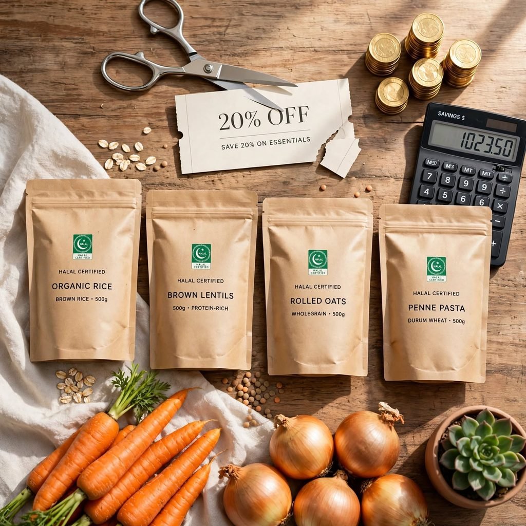 How to cut monthly expenses without sacrificing essentials halal certified organic rice brown rice 500g brown lentils 500g protein rich rolled oats wholegrain 500g penne pasta durum wheat 500g 20 percent off coupon save 20 percent on essentials scissors cutting calculator savings $1023.50 gold coins stacks carrots onions succulent plant halal no date professional