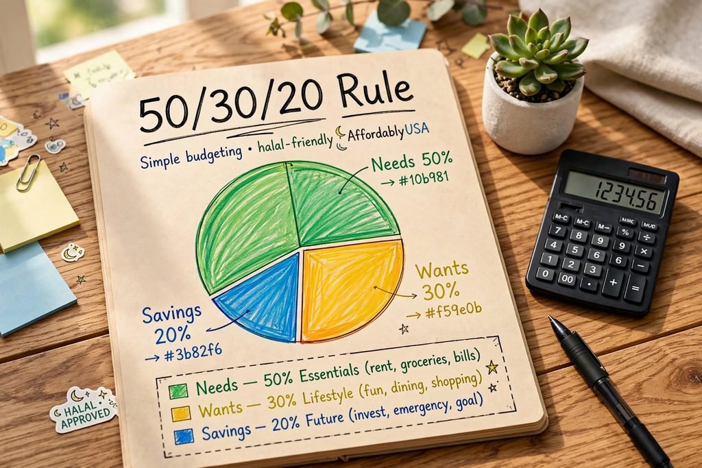 50/30/20 Rule pie chart notebook colorful Needs 50% green #10b981 Essentials rent groceries bills Wants 30% yellow #f59e0b Lifestyle fun dining shopping Savings 20% blue #3b82f6 Future invest emergency goal halal friendly AffordablyUSA calculator 1234.56 succulent plant halal approved sticker