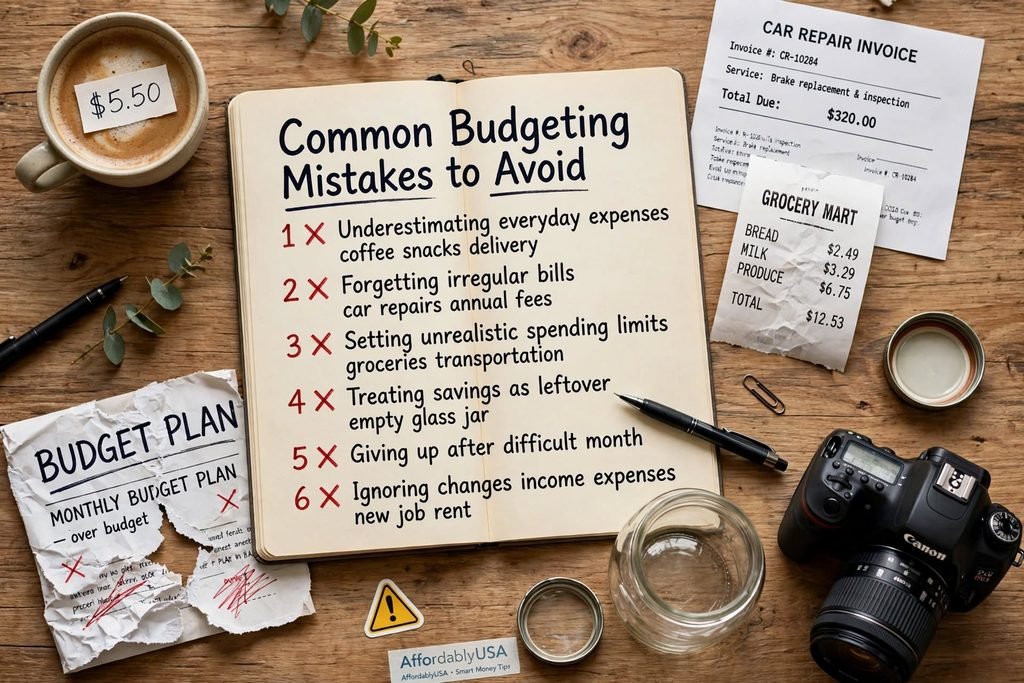 Common budgeting mistakes to avoid 6 errors underestimating everyday expenses coffee $5.50 snacks delivery forgetting irregular bills car repair invoice $320 grocery mart bread $2.49 milk $3.29 produce $6.75 total $12.53 setting unrealistic spending limits groceries transportation treating savings as leftover empty glass jar giving up after difficult month over budget torn plan ignoring changes income expenses new job rent halal