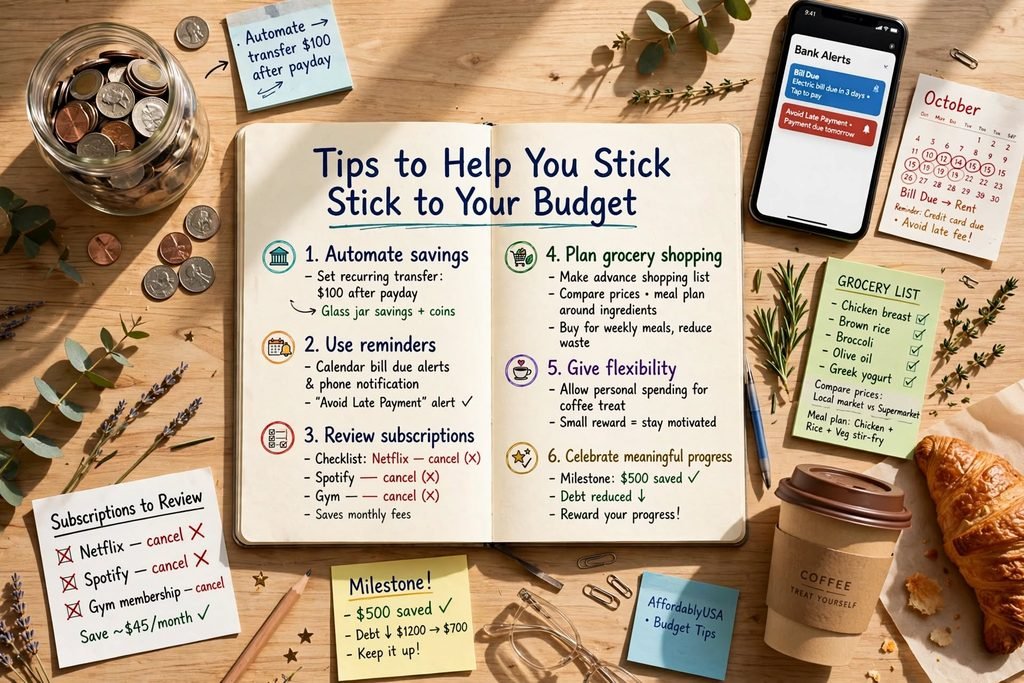 Tips to help you stick to your budget 6 habits automate savings transfer $100 after payday glass jar coins use reminders bank alerts bill due electric bill due in 3 days avoid late payment calendar October bill due rent credit card due review subscriptions 【entity-Netflix¦canonical_name=Netflix】 【entity-Spotify¦canonical_name=Spotify】 gym membership cancel save $45 per month plan grocery shopping advance chicken breast brown rice broccoli olive oil Greek yogurt meal plan give flexibility coffee treat croissant celebrate meaningful progress milestone $500 saved debt reduced $1200 to $700 halal