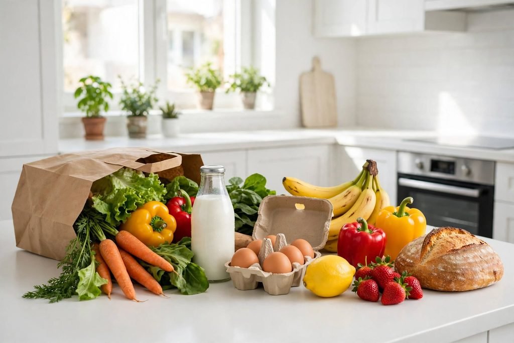 Fresh groceries high quality paper bag vegetables carrots lettuce yellow bell pepper red bell pepper glass milk bottle brown eggs lemon strawberries bananas crusty bread loaf white modern kitchen natural light halal grocery budget