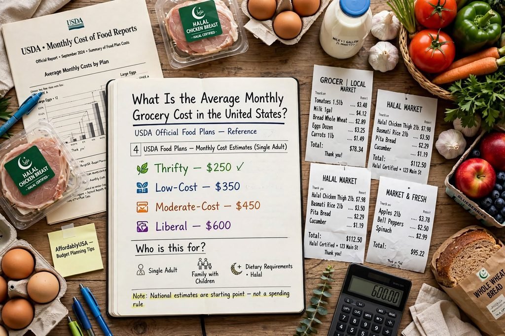 What is the average monthly grocery cost in the United States USDA Official Food Plans reference Thrifty $250 Low-Cost $350 Moderate-Cost $450 Liberal $600 single adult family with children dietary requirements halal national estimates starting point not spending rule grocery receipts $78.34 $112.50 $95.22 halal chicken breast halal certified milk eggs tomatoes carrots apples bread calculator AffordablyUSA budget planning tips