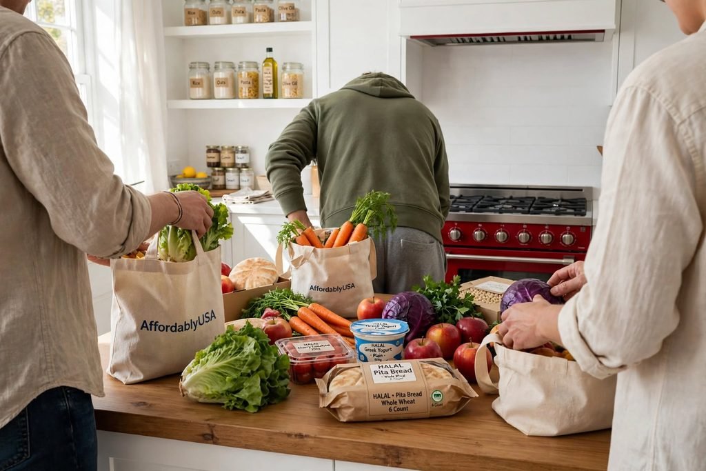 Family organizing groceries and planning household food expenses