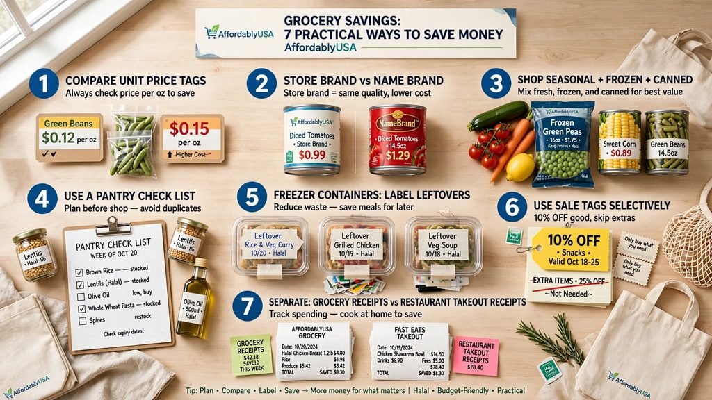 Practical ways to save money on groceries 7 tips compare unit price tags $0.12 per oz vs $0.15 per oz store brand vs name brand diced tomatoes $0.99 vs $1.29 shop seasonal frozen canned frozen green peas sweet corn green beans use pantry check list brown rice lentils halal olive oil whole wheat pasta freezer containers label leftovers rice veg curry grilled chicken veg soup halal use sale tags selectively 10% OFF extra items not needed separate grocery receipts vs restaurant takeout receipts AffordablyUSA budget friendly halal