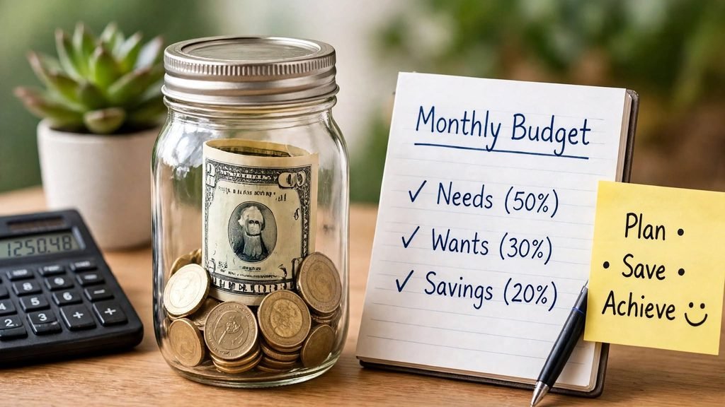 Monthly budget 50/30/20 jar plan save achieve