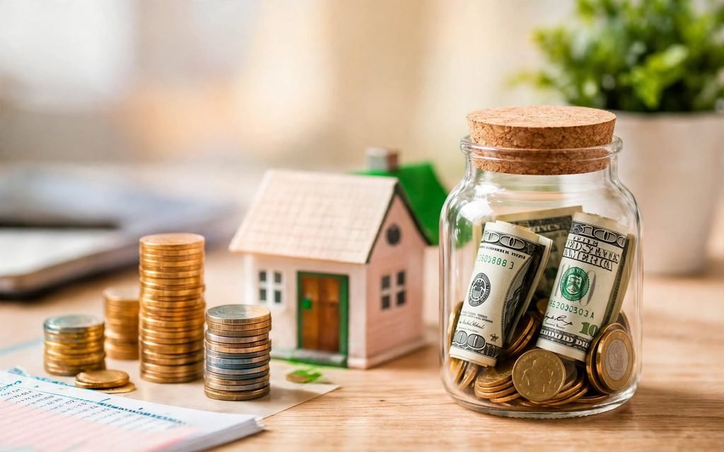 Monthly budget helps organize income and allocate between expenses savings and debt payments glass jar with 100 dollar bills and gold coins stacks of coins increasing small house model with green door plant wooden desk halal no piggy bank no date