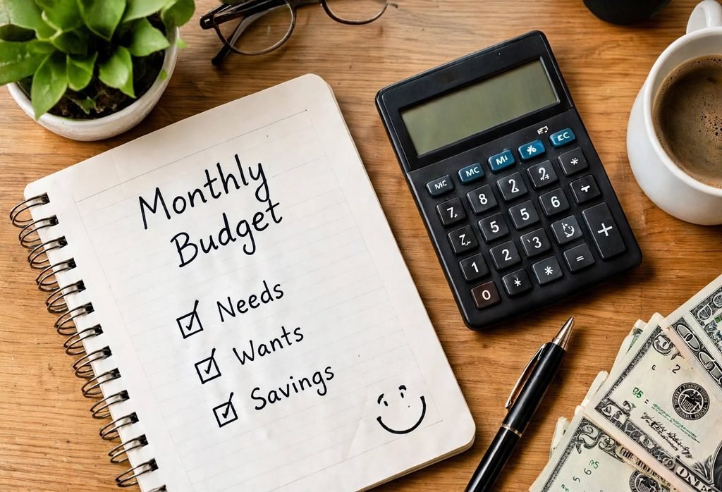 Monthly budget planner notebook with Needs, Wants, Savings checklist, calculator and dollar bills on wooden desk