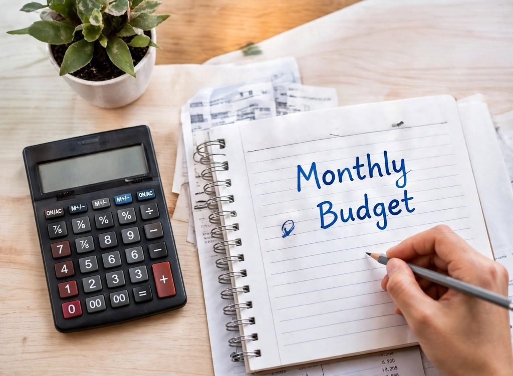 Top view of a wooden desk with a black calculator, a spiral notebook with handwritten blue text Monthly Budget, a hand holding a pencil writing, and a small green plant in a white pot