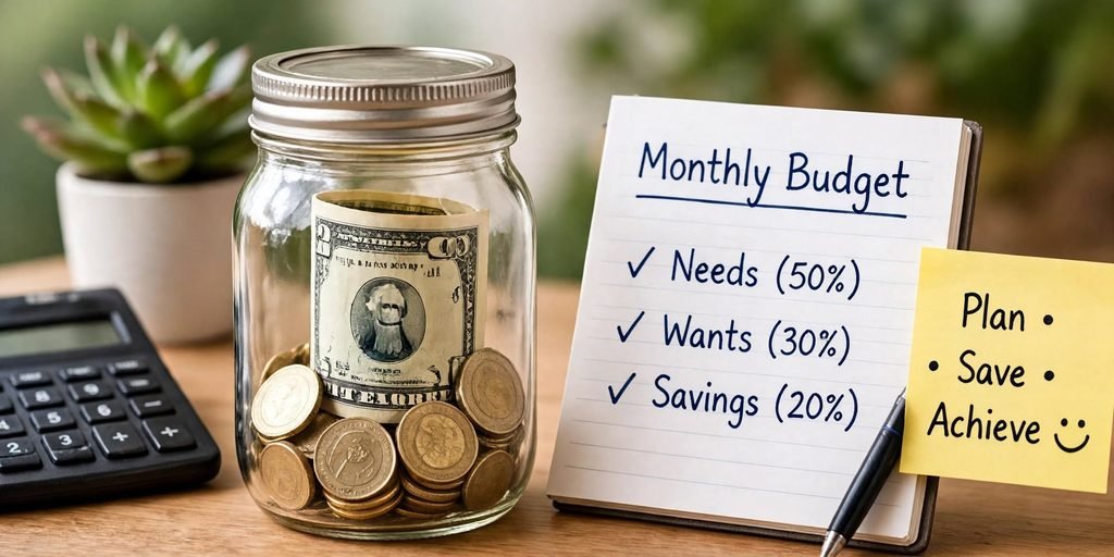 How to create a monthly budget-Monthly budget glass jar with dollar bill and coins savings needs 50% wants 30% savings 20% plan save achieve sticky note calculator succulent plant halal no piggy bank