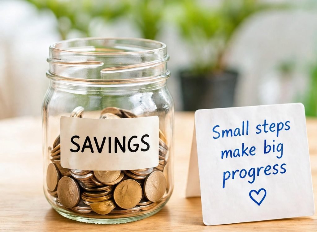 Clear glass jar filled with gold coins on wooden table with white label reading SAVINGS in black letters, next to small white card with handwritten blue text Small steps make big progress and a blue heart, with blurred green plants in background