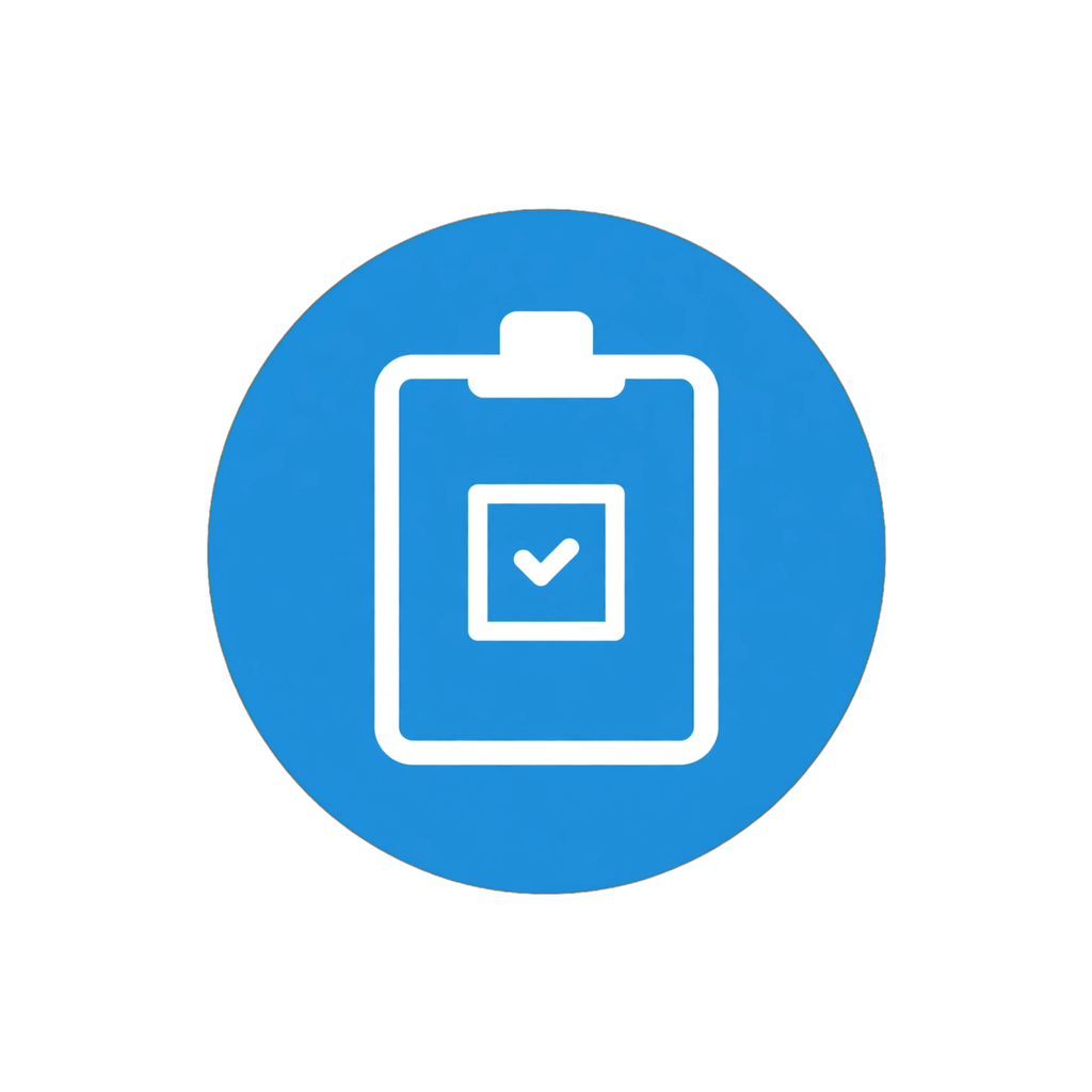 Blue circular icon with white clipboard outline containing square with checkmark inside