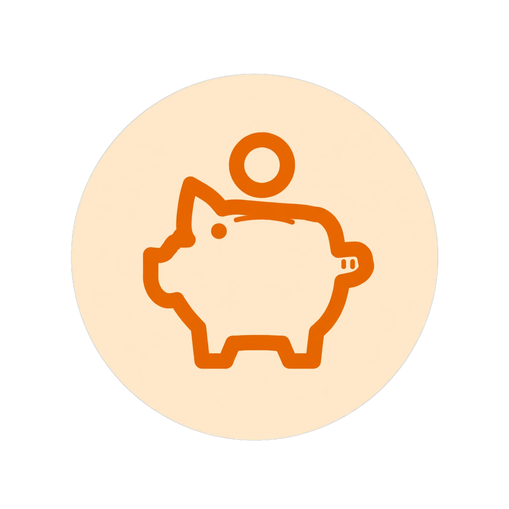 Light peach circular icon with dark orange outline of a piggy bank with a coin above it, representing 20% savings and debt