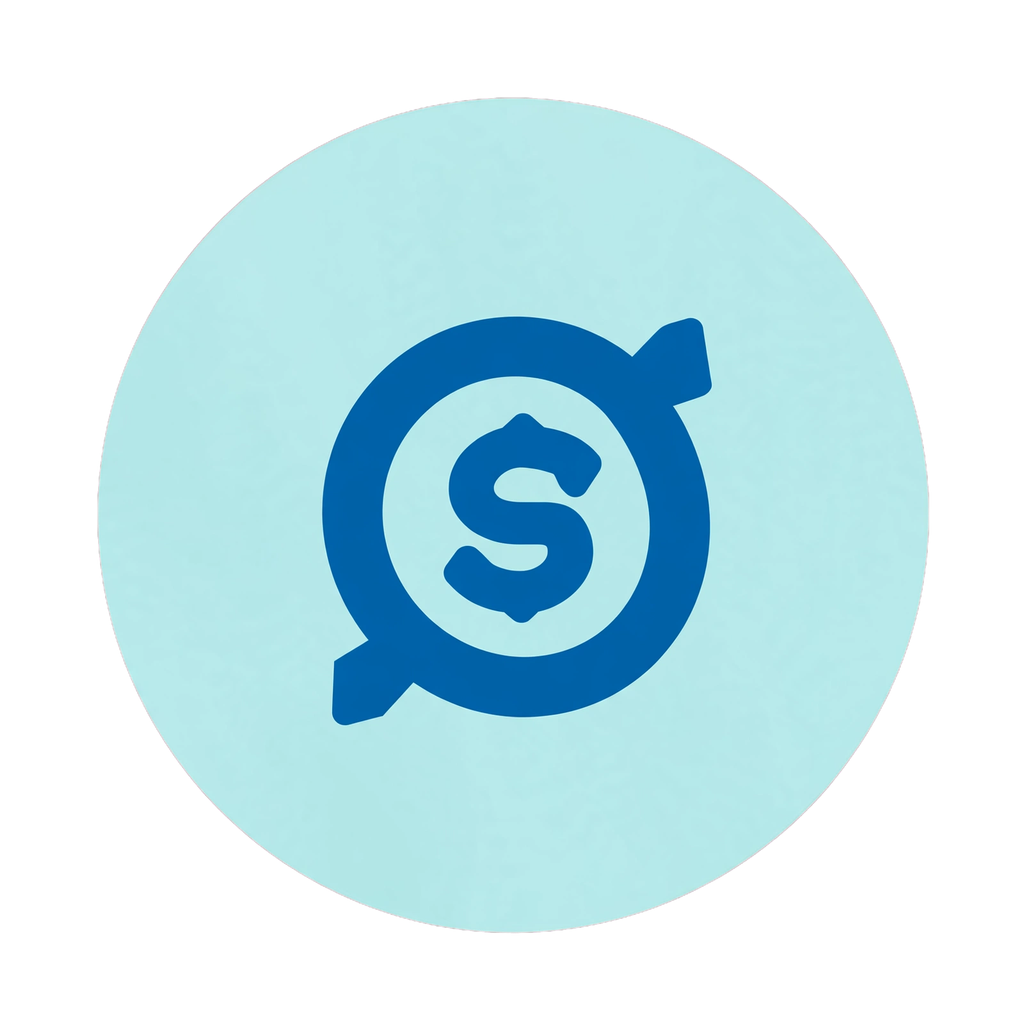 Light blue circular icon with dark blue dollar sign in Q-shaped target next to text Savings Goal Calculator - Plan for your future goals