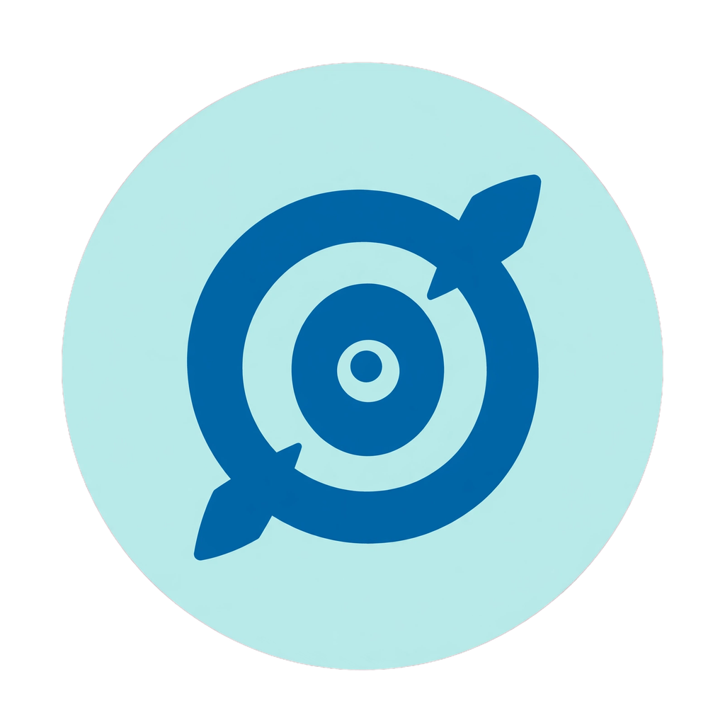 Light blue circular icon with dark blue Q-shaped target consisting of concentric circles with two pointed tails and central dot